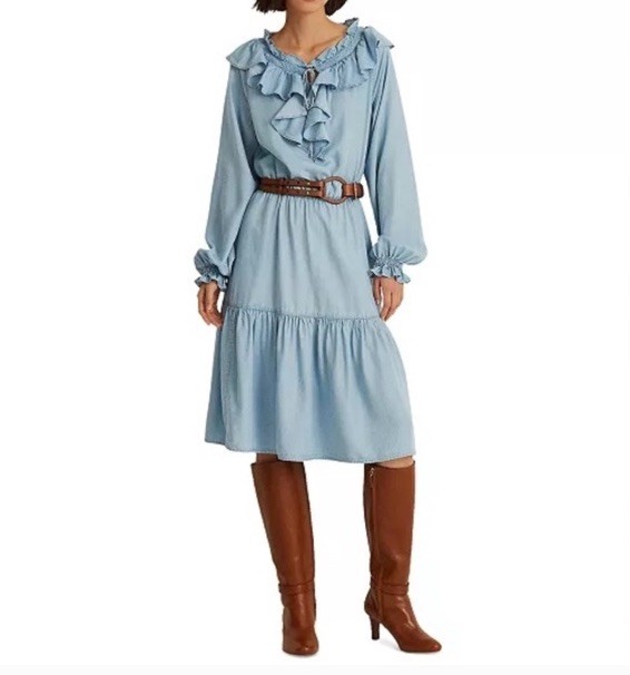 Lauren Ralph Lauren Chambray Dress Ruffle Neckline Tiered Skirt Size10 NWT