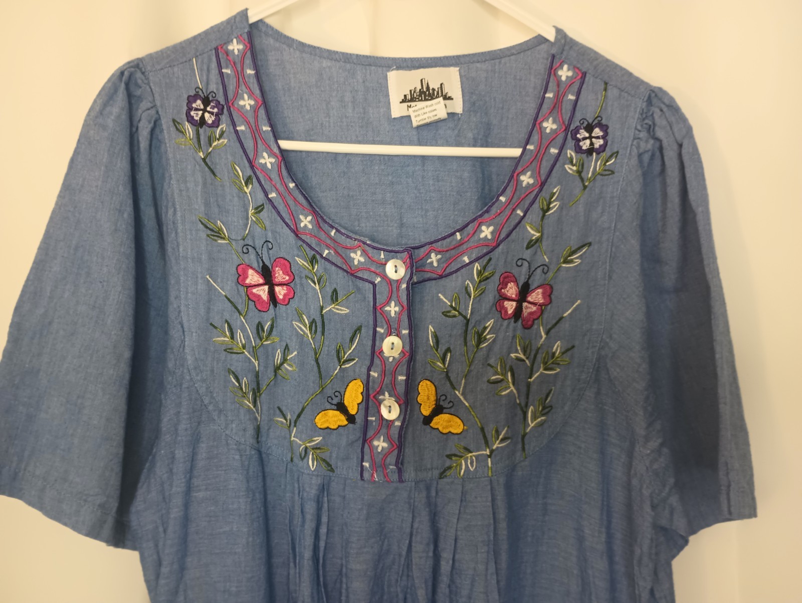 Metropolitan Womens Butterfly Chambray Denim Maxi Dress XL Embroidered Cottage