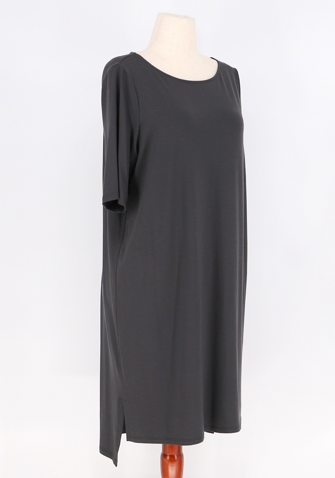 EILEEN FISHER Tencel High-Low Tunic Dress Dark Gray Charcoal Half-Sleeves Size L