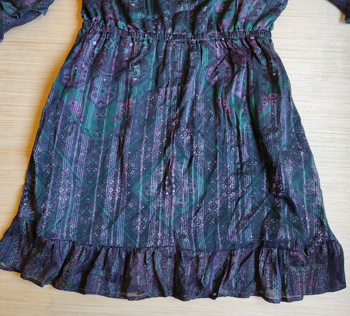 Frye Knee Length Dress Ruffle Buttons Lurex Green Purple Floral Size M Women’s