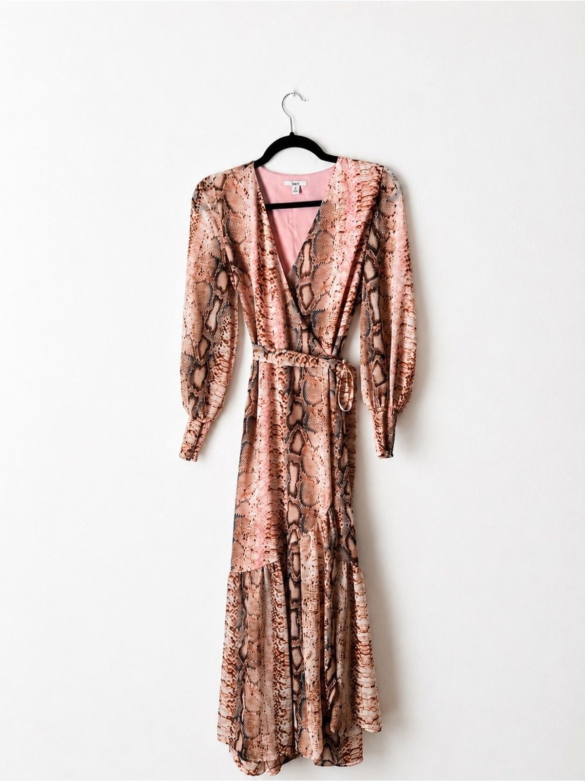 Pink and Brown Snake Print Wrap Maxi Dress | Belted Boho Glam Long Sleeve