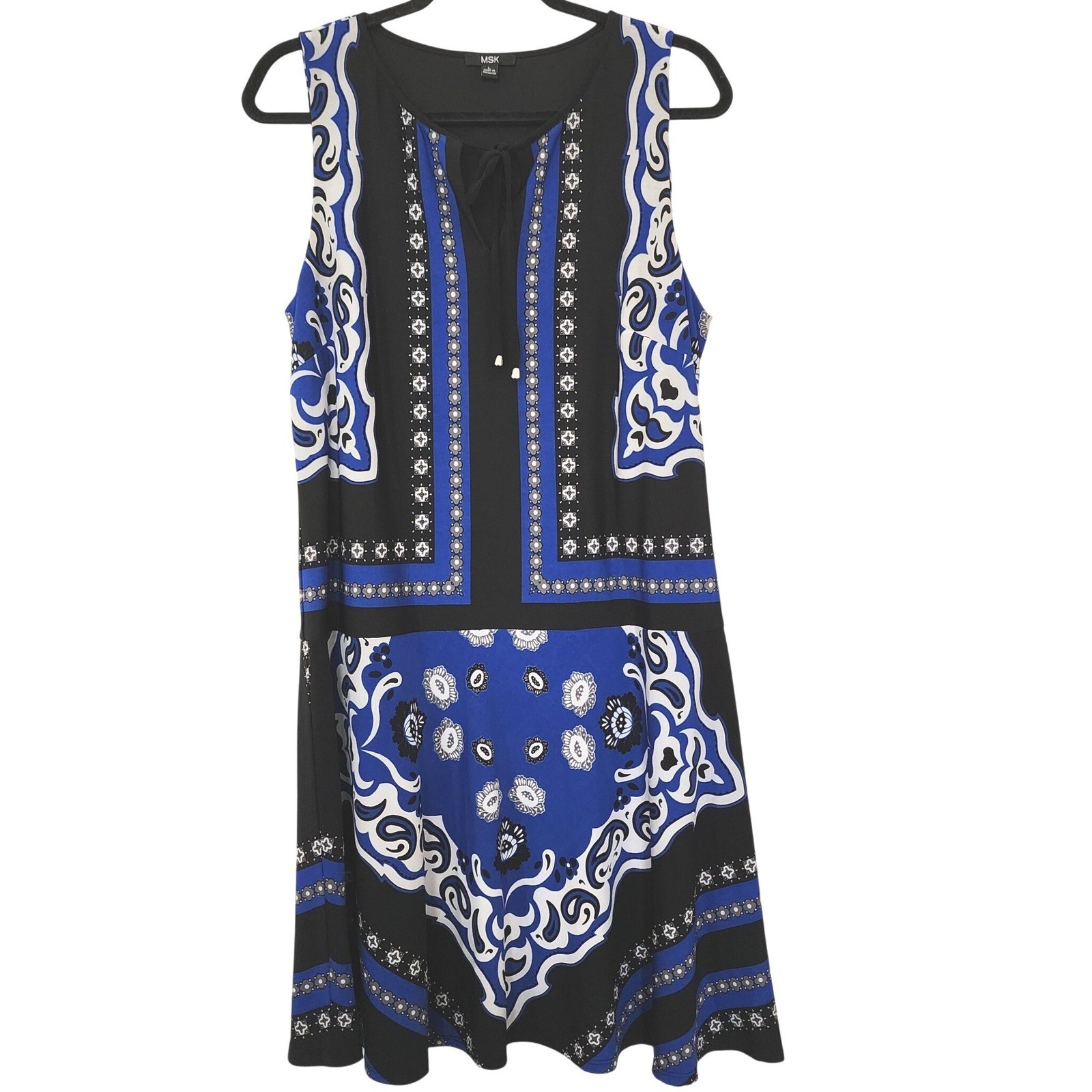 MSK Womens Blue Black Bandana Scarf Print Sleeveless Tie Neck Shift Dress Large