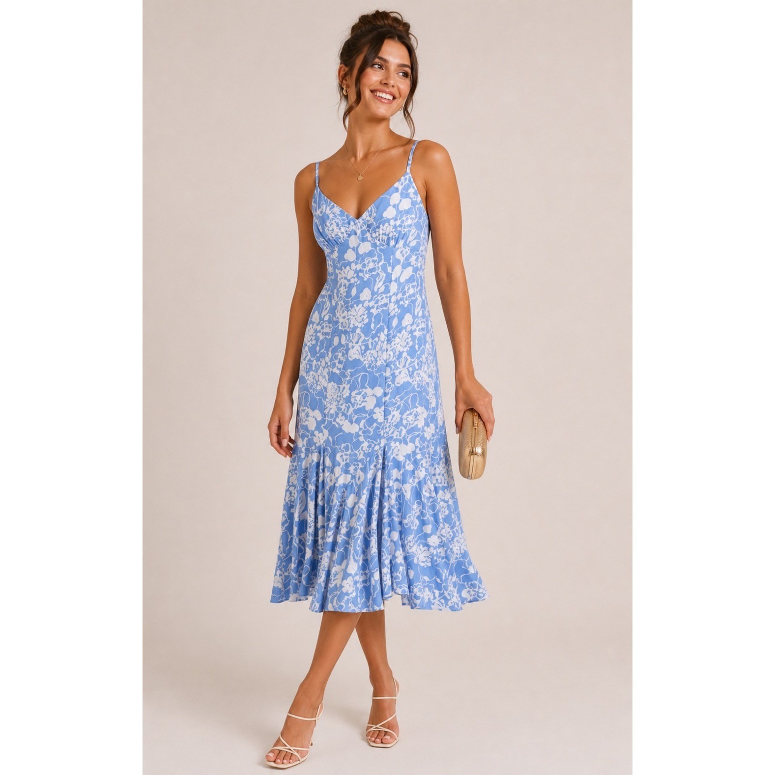 New Abercrombie & Fitch Midi Dress Women XLP Blue Floral Mermaid Hem Cottagecore