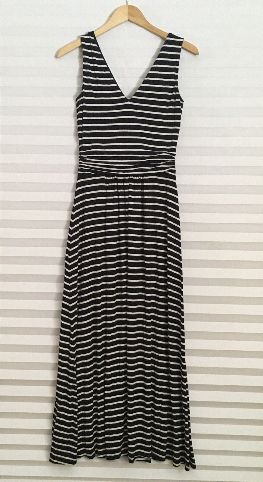 Boden Sleeveless Maxi Dress US 6R V Neck Cinched Sides Striped Navy Blue White