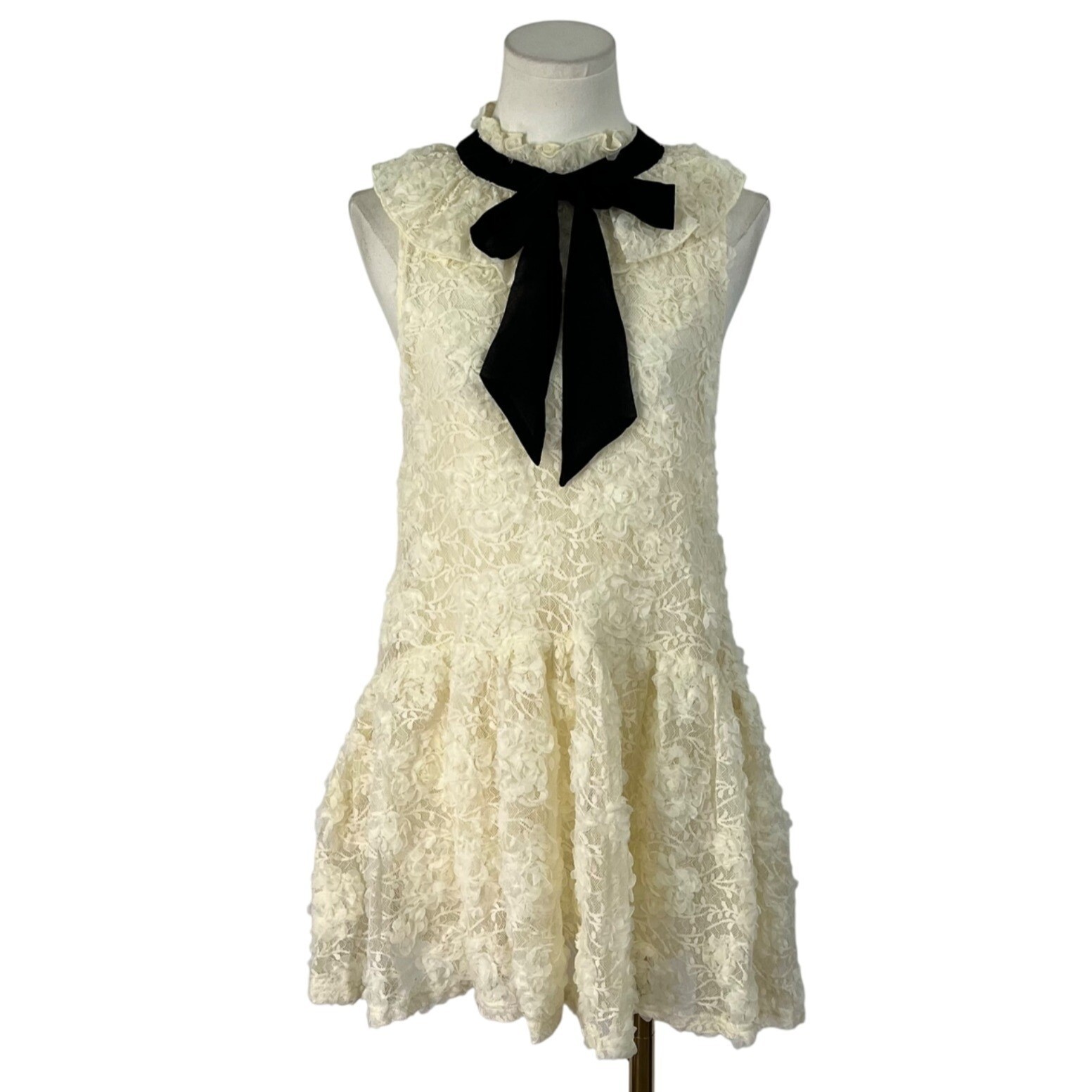 Zara Womens Ivory Lace Mini Dress Black Bow Detail Sleeveless Ruffle Collar Size