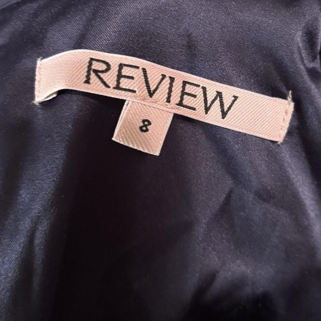 Navy blue midi dress with collar, button-up front, and long sleeves from Review