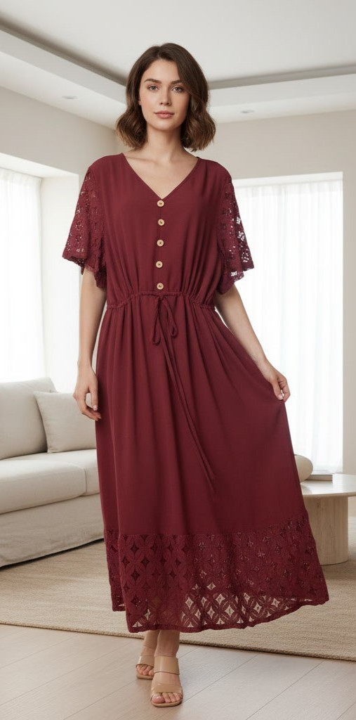 Rust Casual Dress Size 26 Boho Cotton Blend Button Front Drawstring Lace Everyda