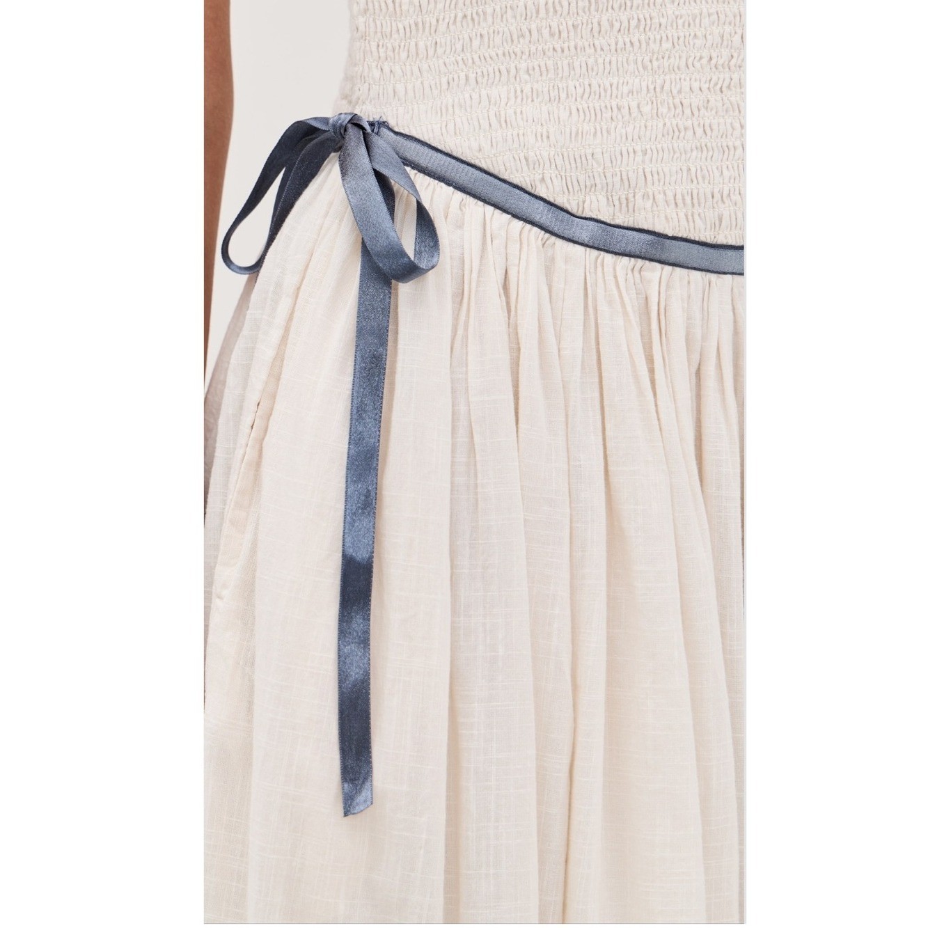 Free People Nightingale Smocked Seersucker Midi Dress in Tea Navy Combo New!
