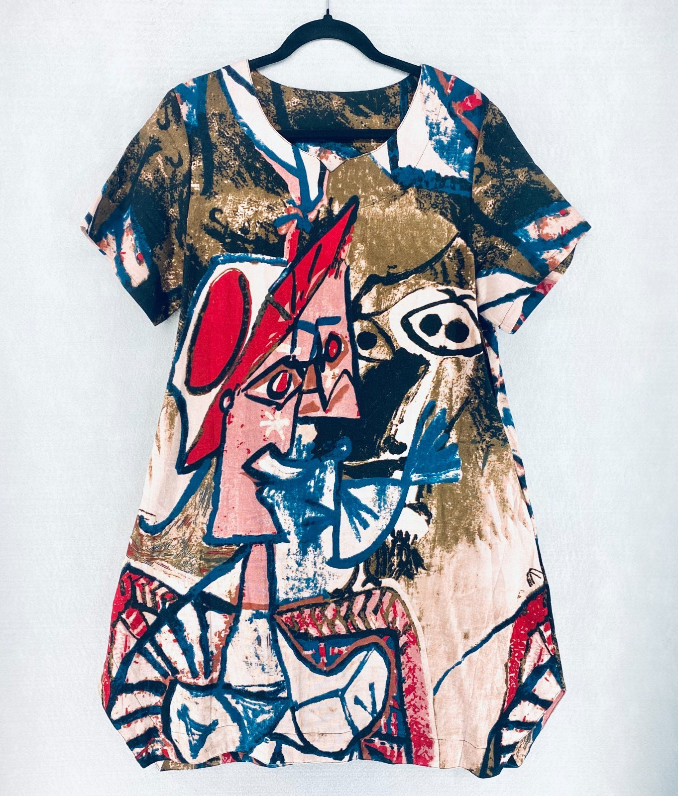 Abstract Dress Womens Large Multicolor Popover Mini Boho Picasso Art