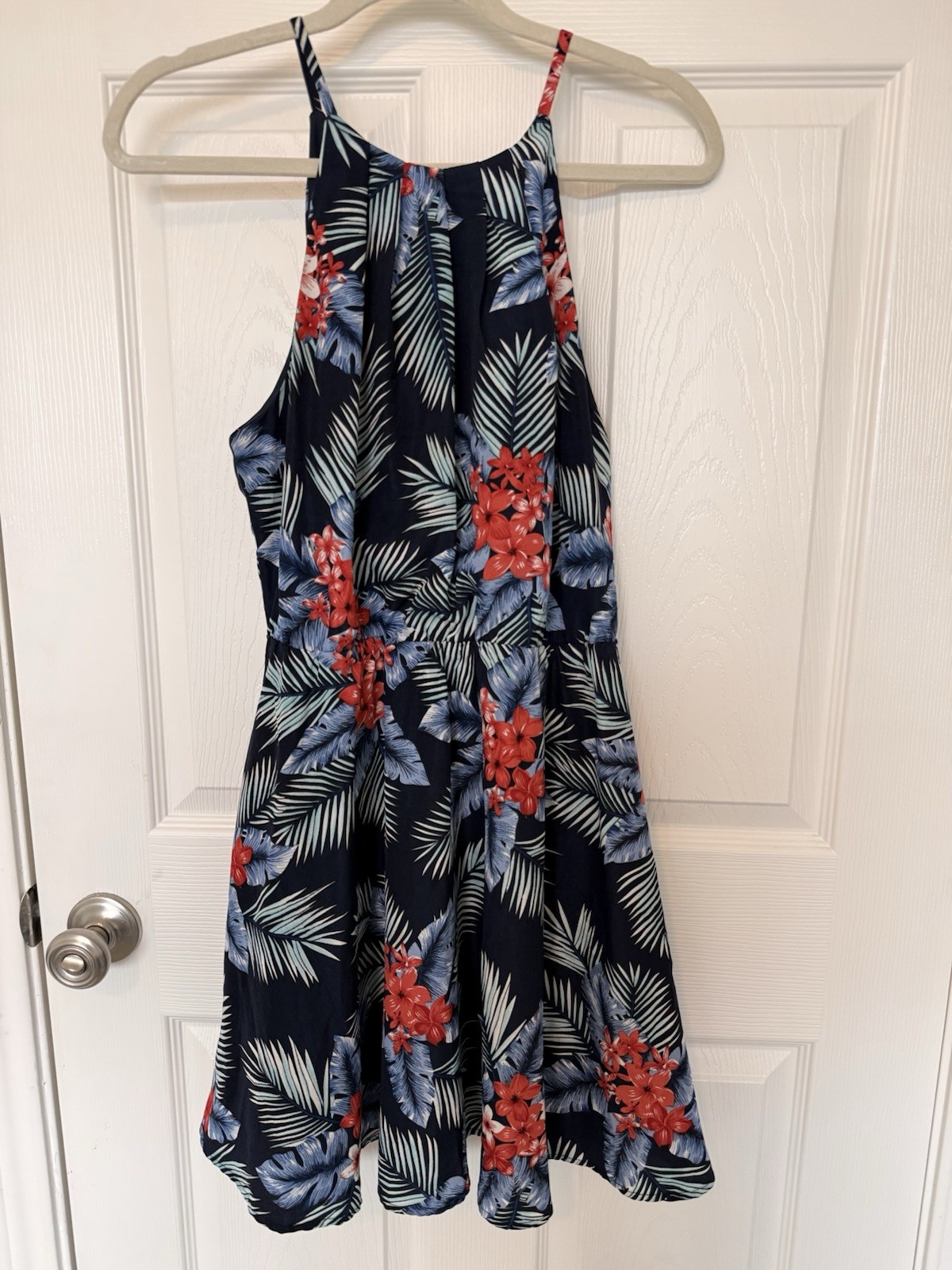 Jodifl Women’s Navy Floral High Neck Spaghetti Strap Knee Length Dress, Size S