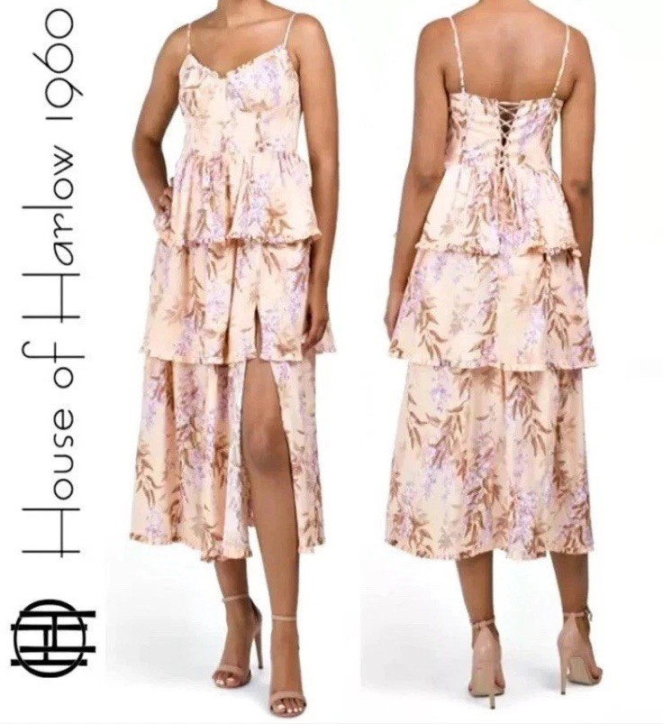 New House of Harlow Ponte-Bustier Lace-up-back Linen Blend Tiered Maxi Dress XS