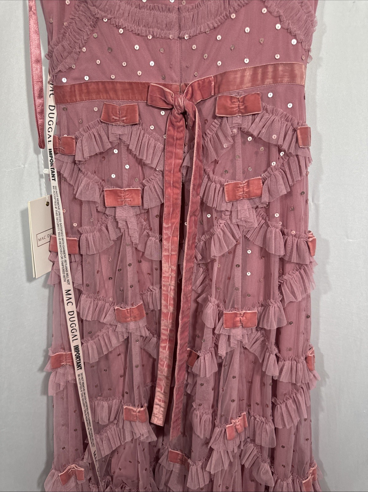 NWT Mac Duggal [ 4 ] 8272 Flutter Sleeve Lattice Bow Mesh Ruffle Mid Dress J2403