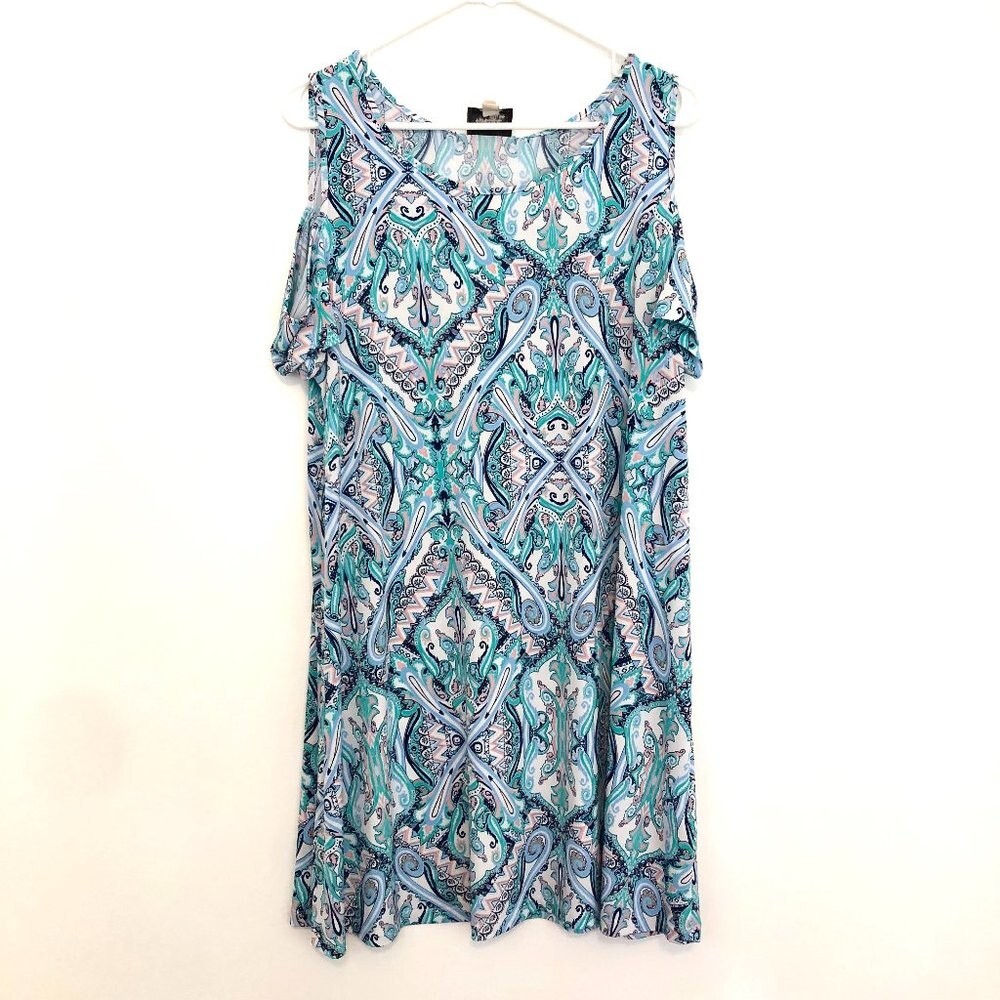 BEIGE BY ECI Blue Green Pink Paisley Geometric Boho Cold Shoulder Shift Dress XL