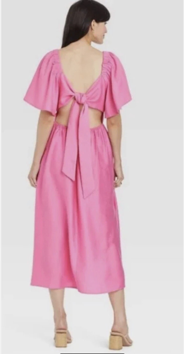 NWT A NEW DAY PINK FLUTTER SHORT SLEEVE TIE BACK MIDI DRESS SZ M