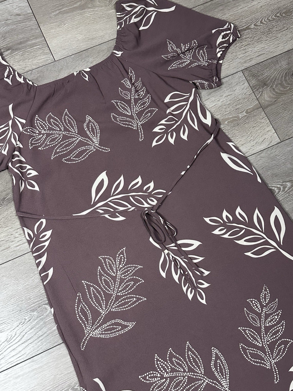 Absolutely Famous XL Square Neck Puff Sleeve Neutral Leaf Print Midi Dress Boho