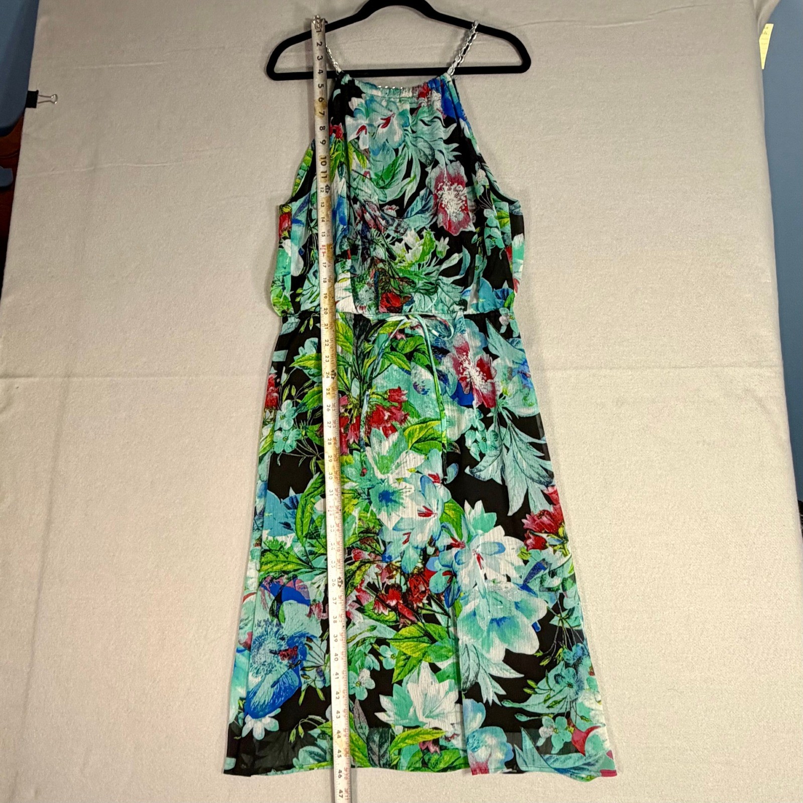 Connected Apparel Halter Midi Sundress 12 Floral Chain Straps Tropical Chiffon