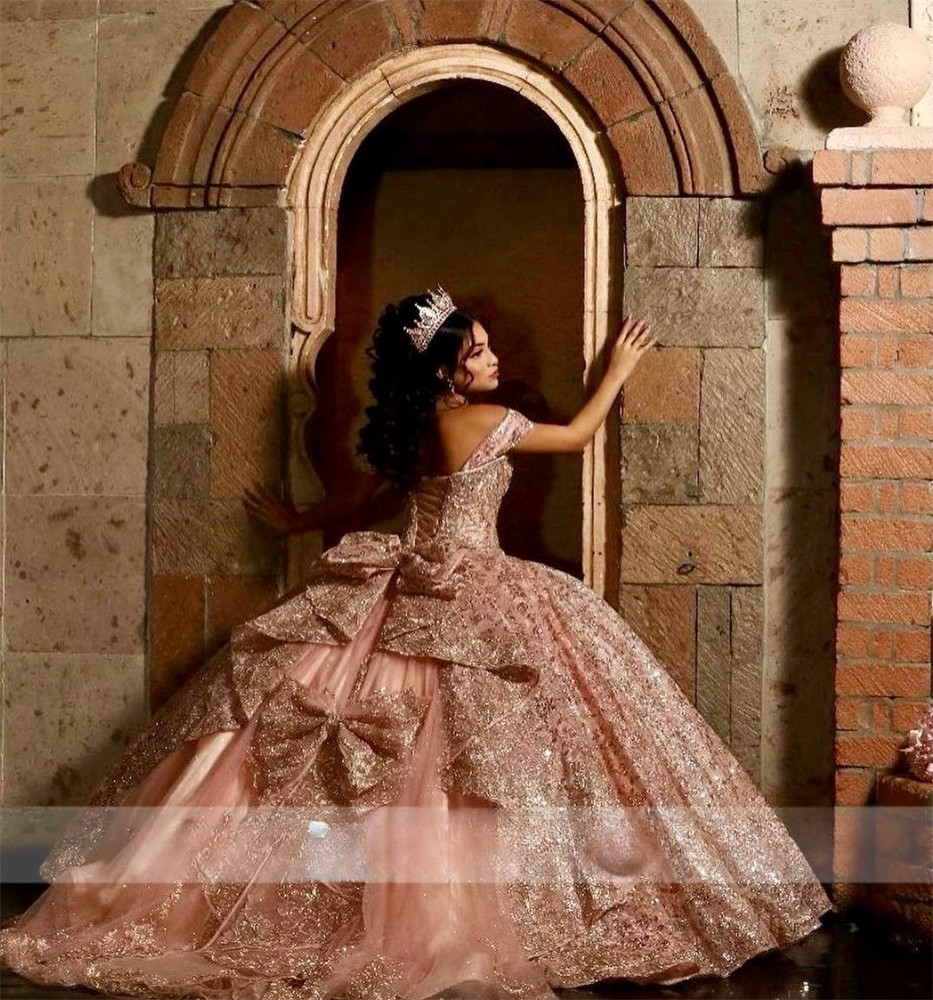 Champagne Rose Gold Quinceanera Dresses Sparkly Lace Ball Gown Bow Back Sweet 16
