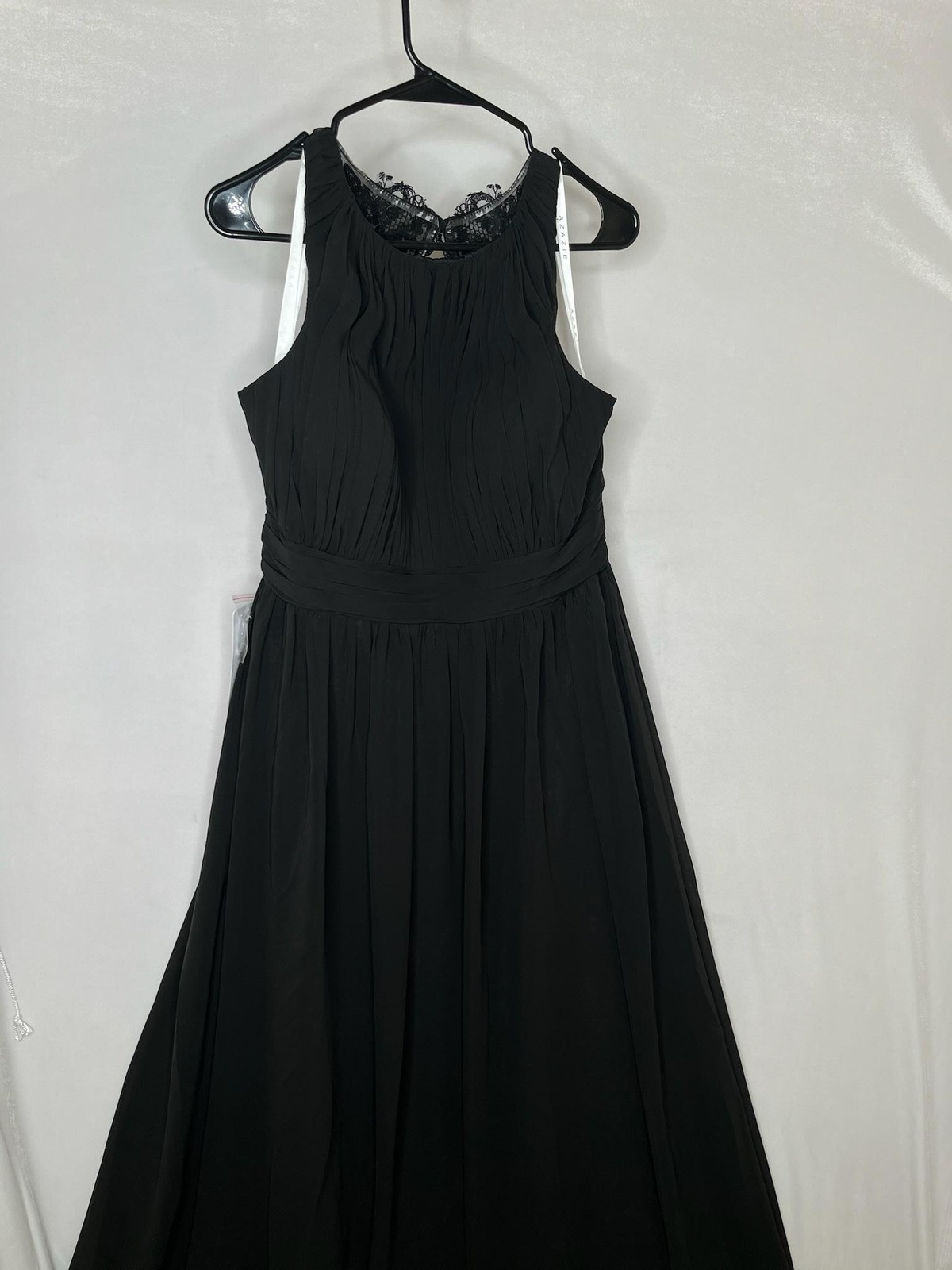 Azazie Dress Womens 12 Black Luz Chiffon Lace Back Pleated Maxi Gown Formal