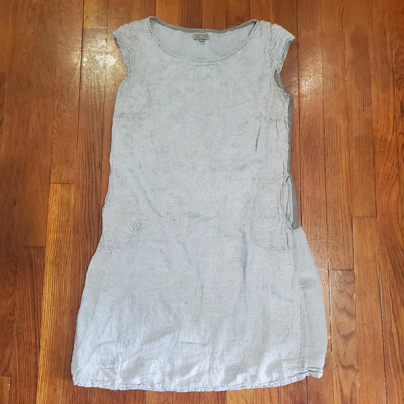Lina Tomei Linen Dress Womens XL Gray Embroidered Floral Sleeveless Made Italy