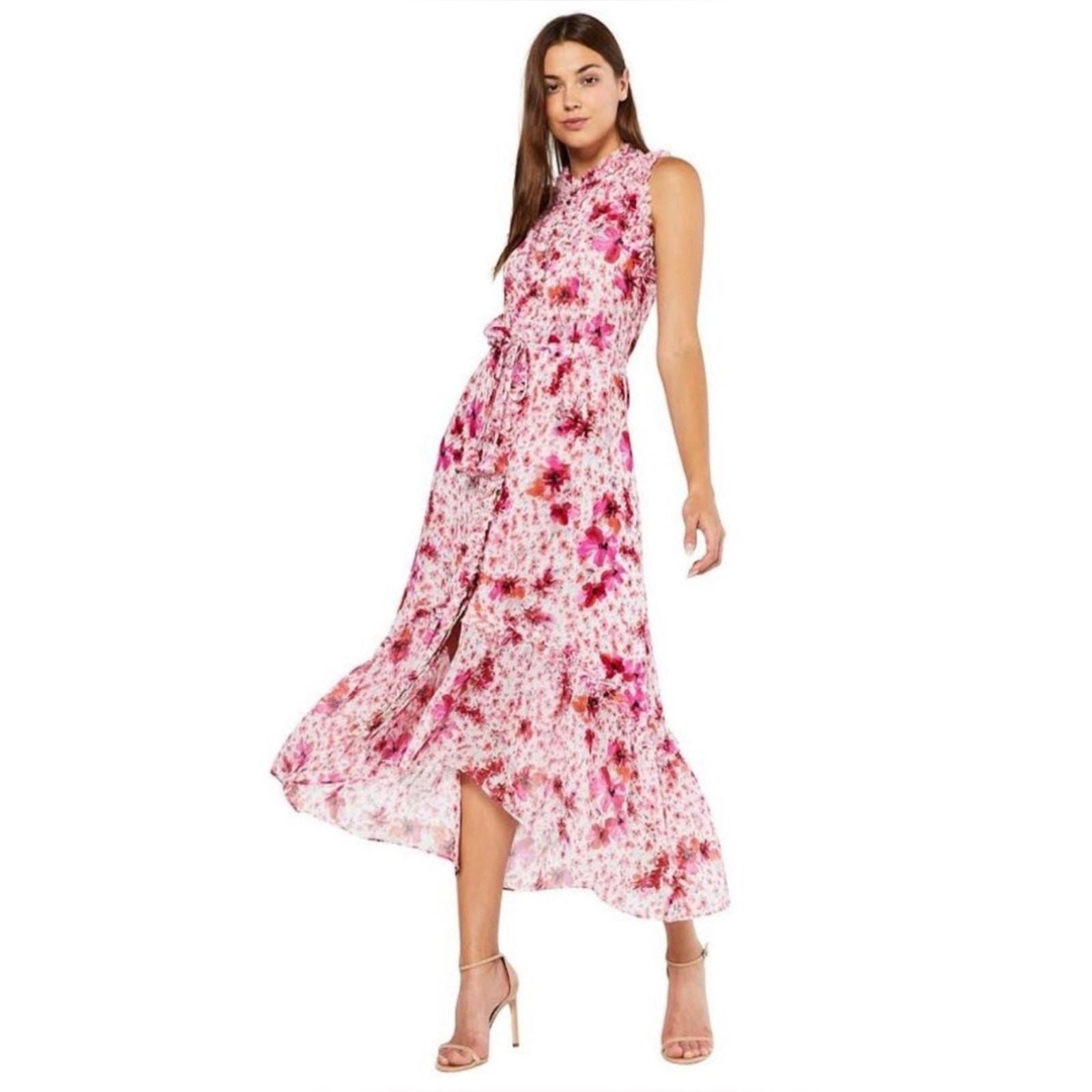 Misa Women’s Sz M Pink Floral Dress Chiffon Ruffle Aurelie Gardenia Hi Low Hem