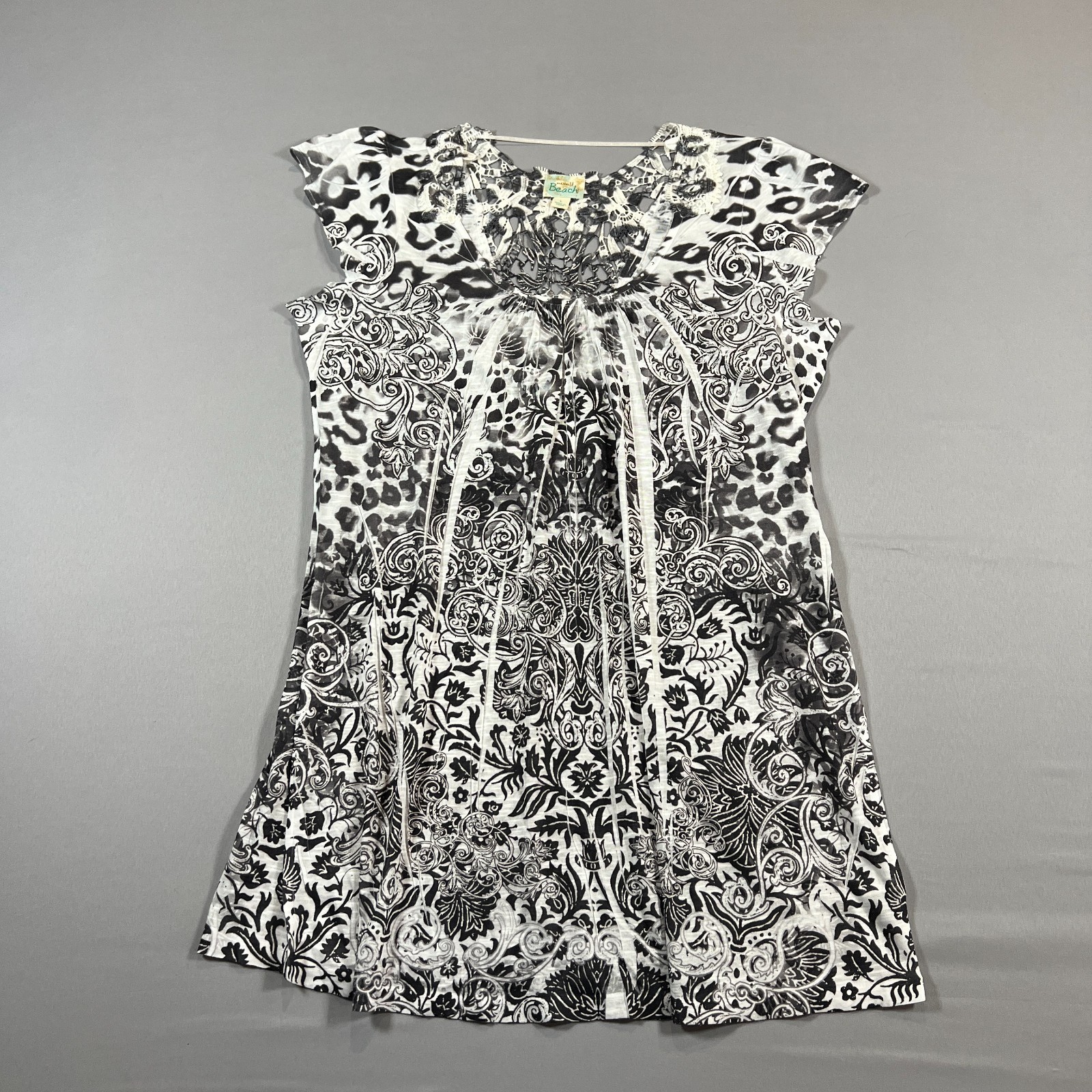 One World Beach Mini Dress Womens Large White Black Paisley Print Cap Sleeve