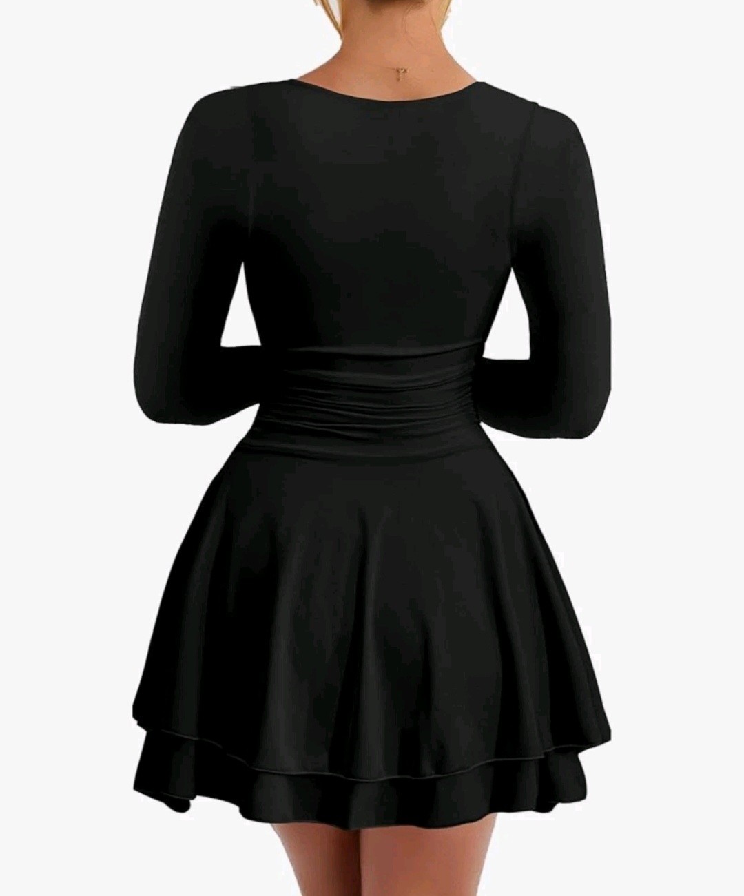 Kaximil Size S, Black, Women Square Neck Ruffle Hem Mini Dress Ruched Waist Long