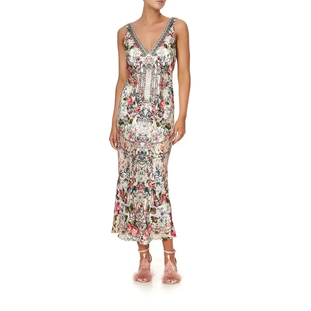 Camilla London Looms Dress Size AU/UK L US S Midi Bias Cut Silk Plunging V neck