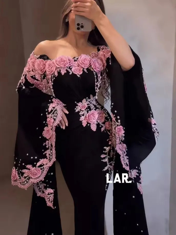 Black Pink Floral Caftan Gown Cape Sleeve Off Shoulder Lace Beaded Prom Custom