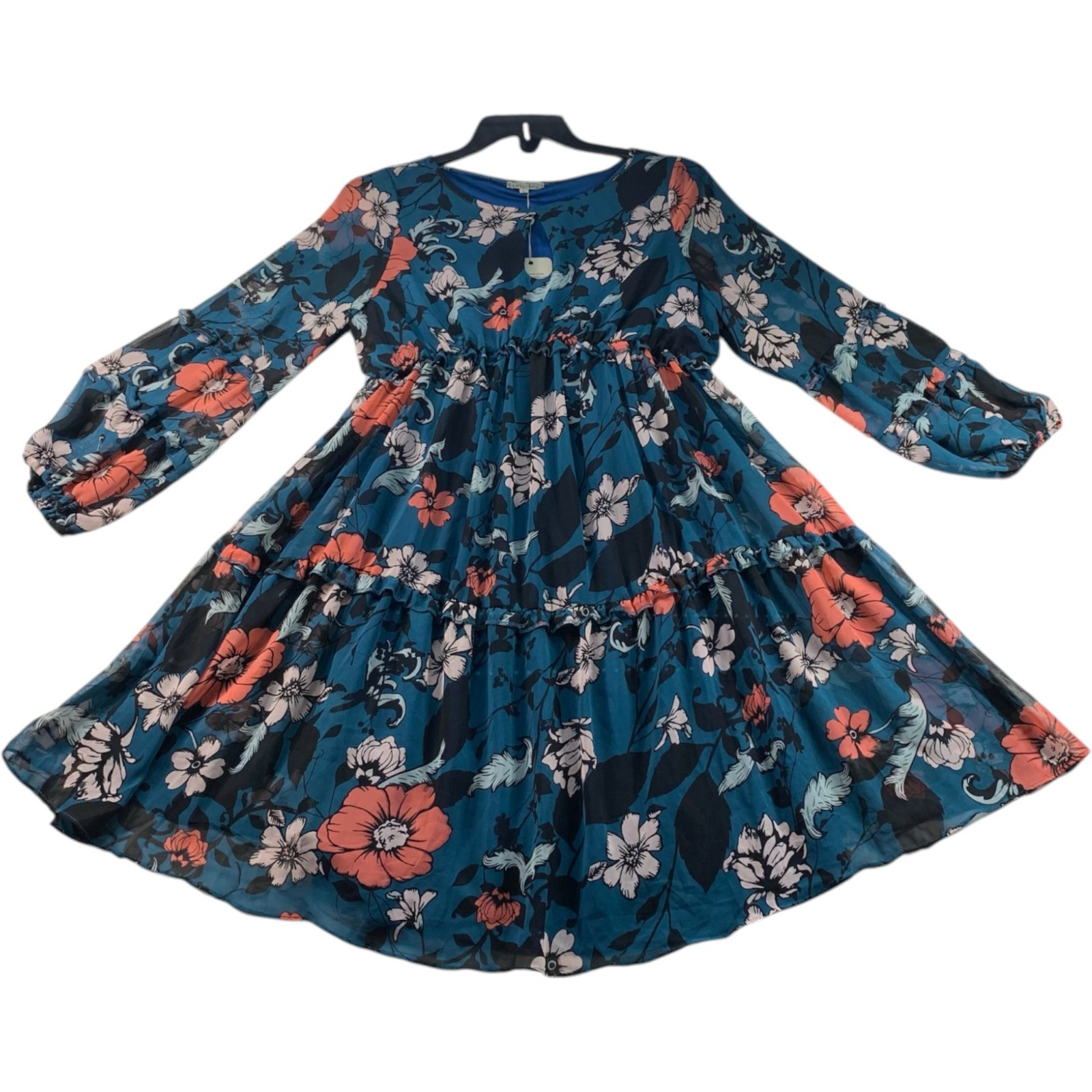Kimi + Kai Dress Womens Size Large Blue Floral Long Sleeve Stretch New Tiered