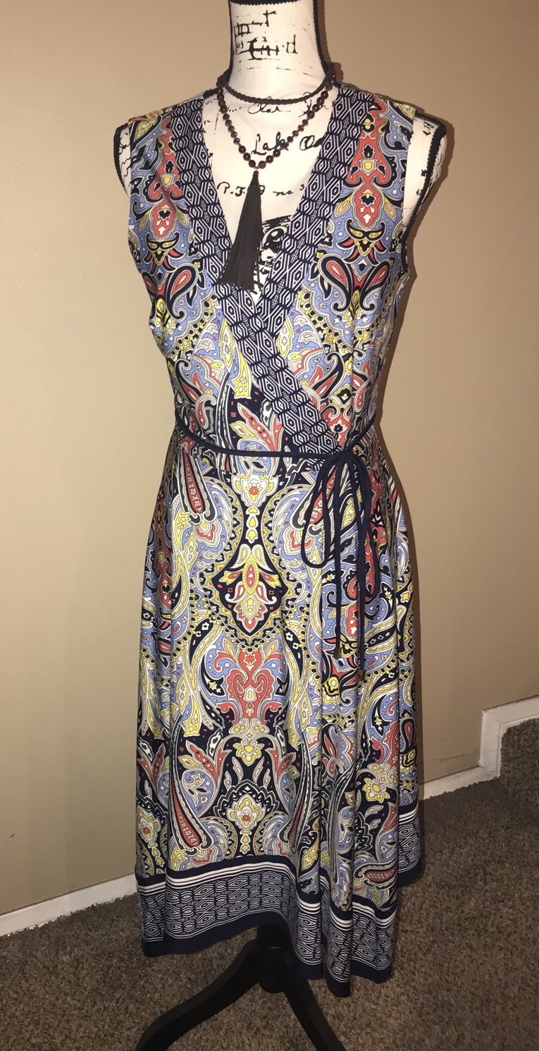 Women’s Studio One NY Asymmetrical Waist Tie Multi Color Dress Sz 8 New Stretchy