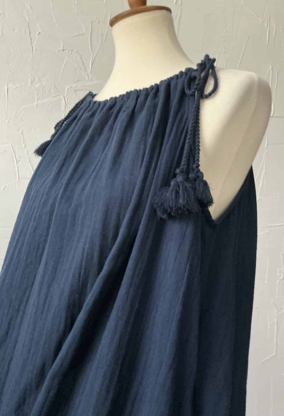 Time & Tru Sun/Tent Dress Maxi Drawstring Slit Cotton Tassels M(8-10) Navy Blue