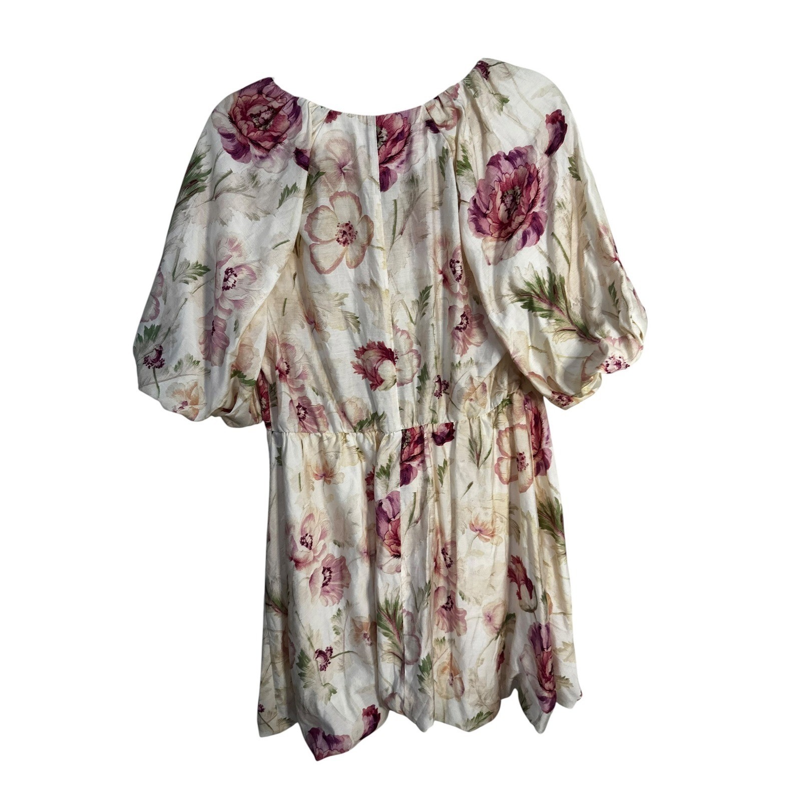 HM Floral Puff Sleeve Mini Dress V-Neck Front Pink Purple Cream Womens Size M
