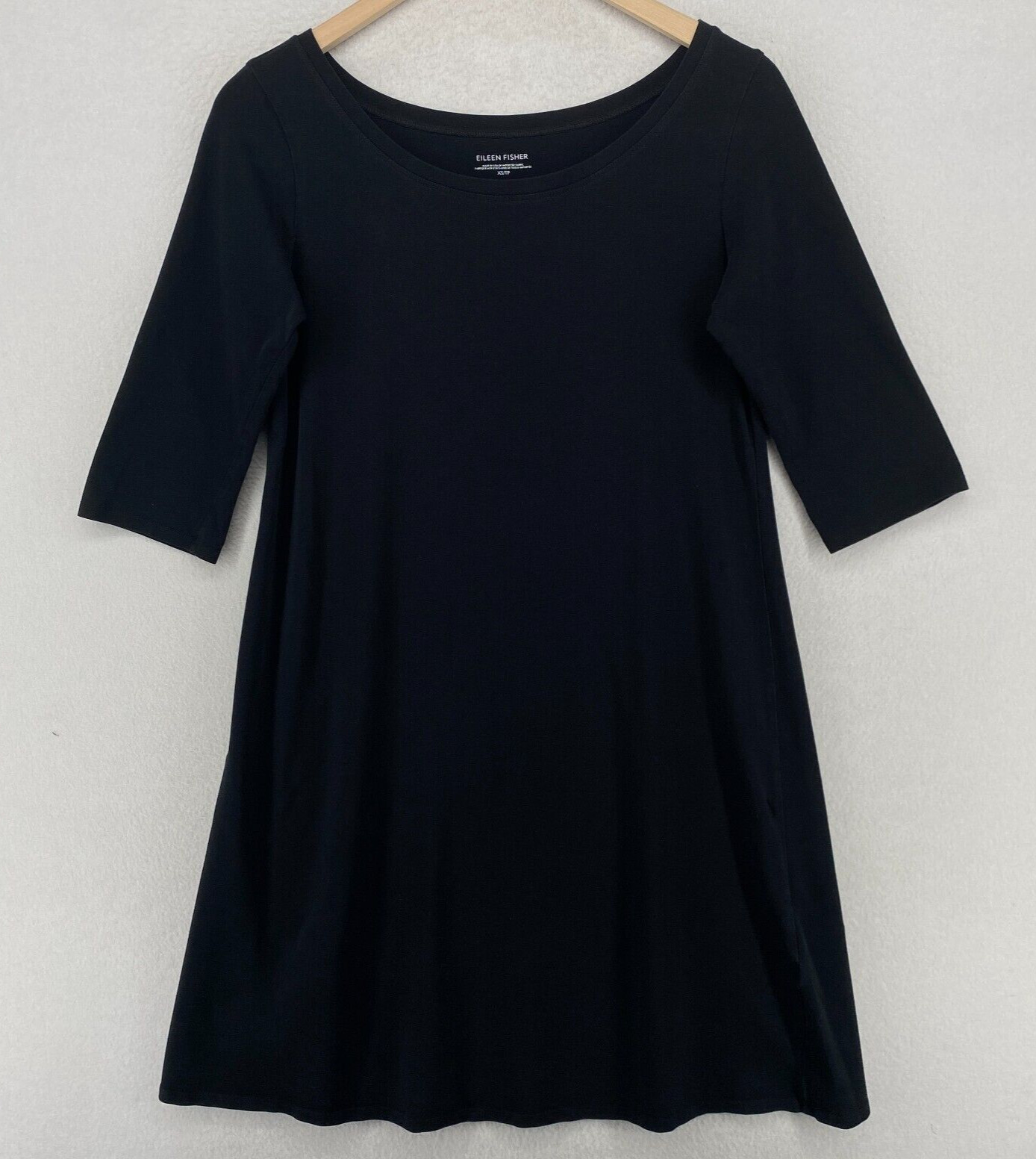 EILEEN FISHER Dress XS Organic Cotton Stretch Jersey Elbow Sleeve Black USA