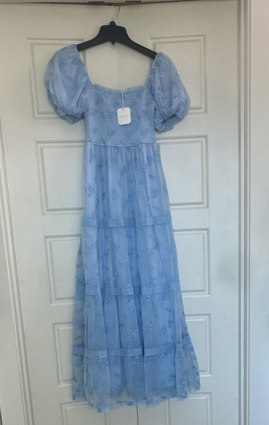 Womens Blue Floral Tulle Puff Short Sleeve Smocked Square Neck Midi Dress XS
