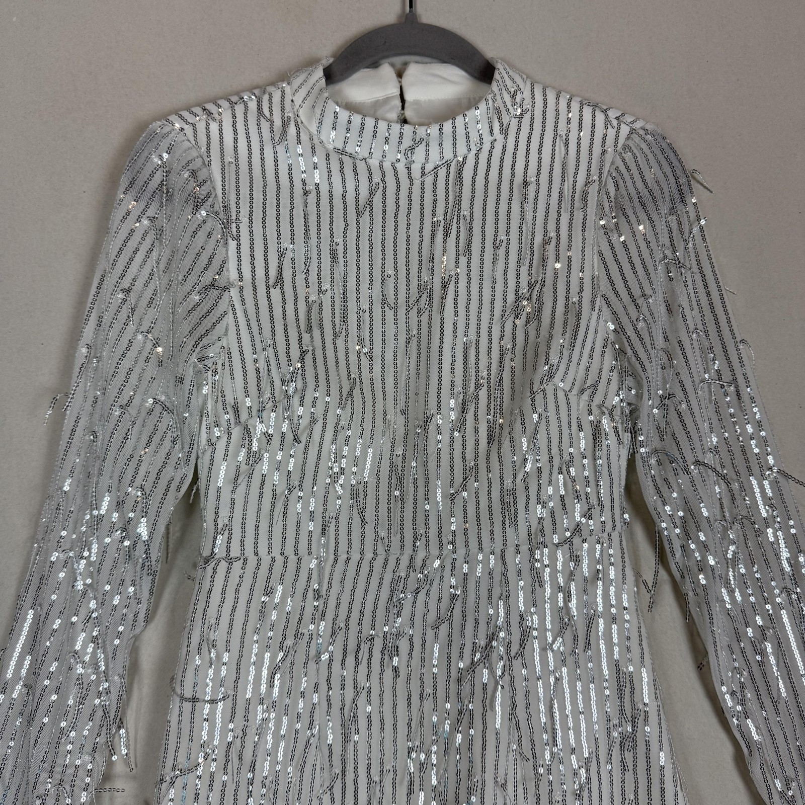 Stylista Dress Womens Small White Sequin Mesh Mock Neck Cutout Bodycon Mini