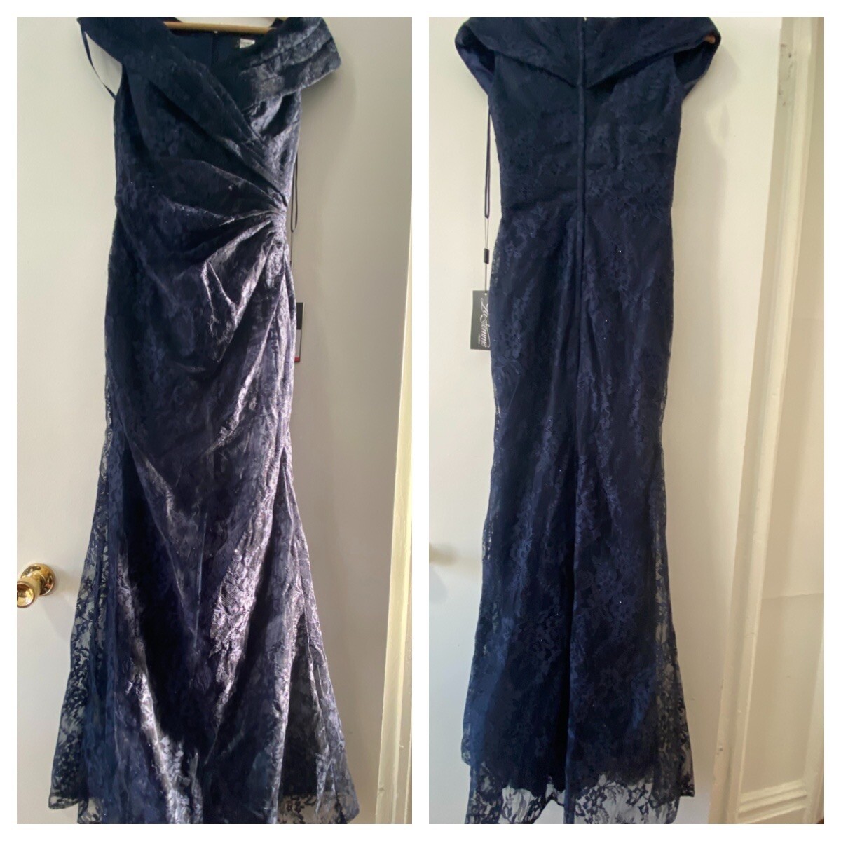 NWT La Femme – 27982 V Neck Off Shoulder Knit Lace Sheath Long Dress size 4