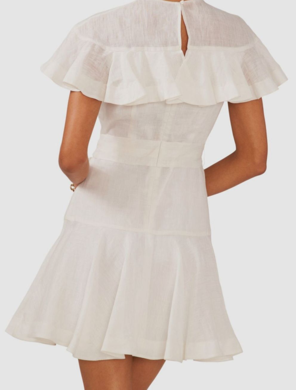Cece Women’s White Ruffled Linen Flutter-Sleeve Self-Tie Fit-Flare Dress Size 14