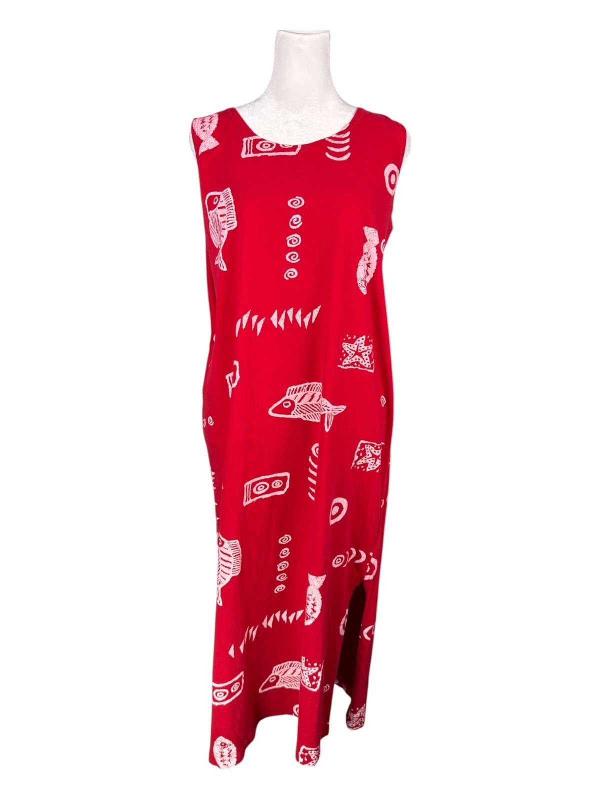 Exist Sports Line M 100% Cotton Sleeveless Tank Midi Dress Red Fish Print Beach