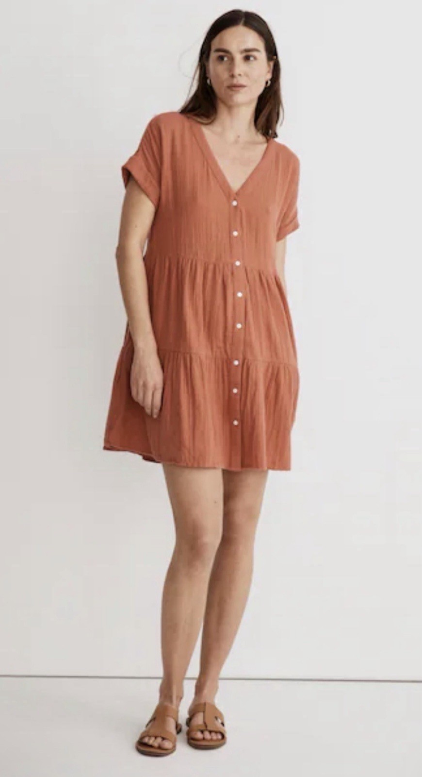 New Madewell Lightspun Cuff Sleeve Button Front Tiered Mini Dress Orange Sz M