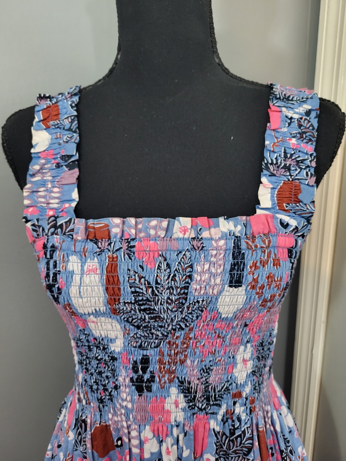 Kate Spade Garden Posy Smocked Midi Dress Blue Pink Cat Feline Women’s Size S