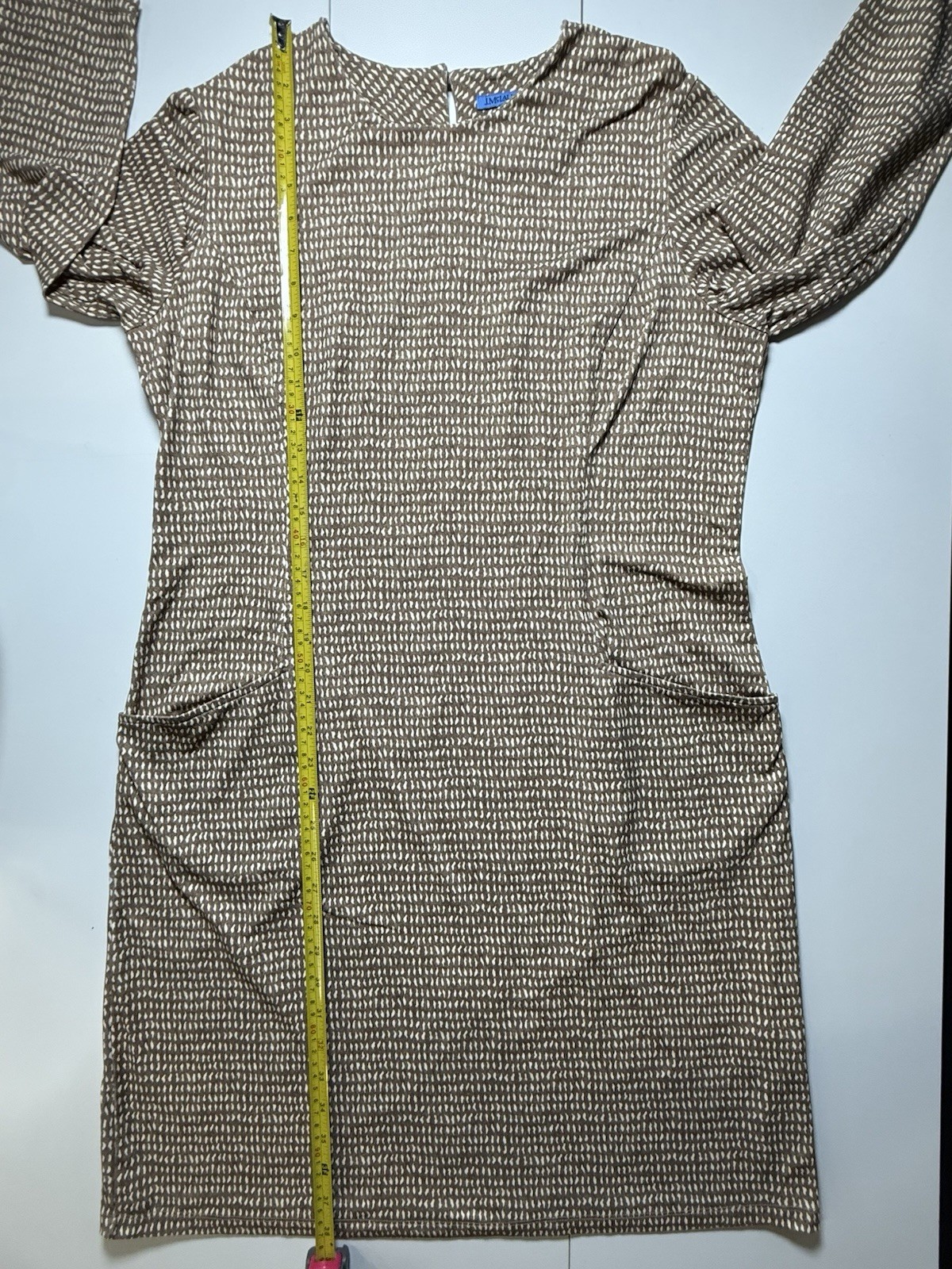 J.McLaughlin XL Brown Ivory Print Shift Dress Pockets Stretch Career Office Work