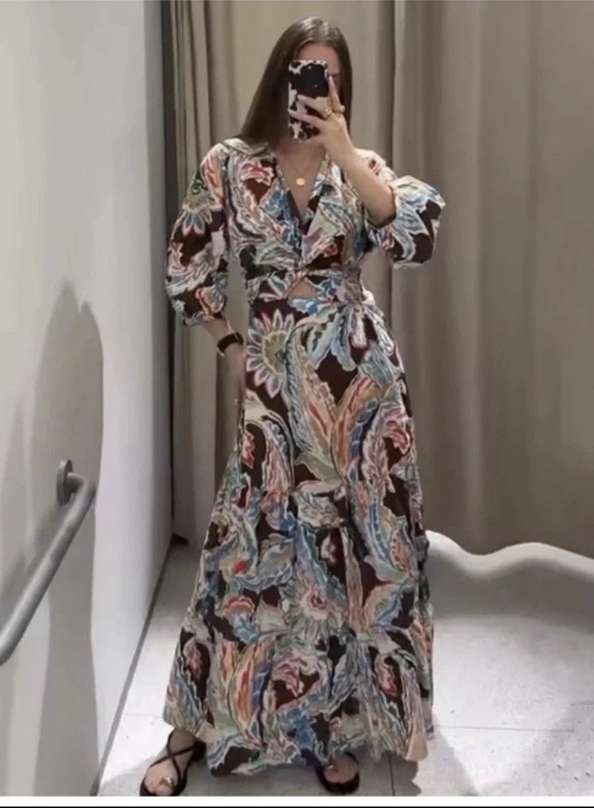 ZARA MULTICOLOUR FLORAL PRINT CUT-OUT FLOUNCED PUFF SLEEVES POPLIN DRESS #T72