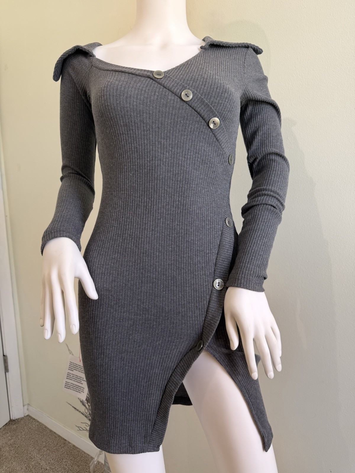 ASOS DESIGN Gray Ribbed Knit Button Wrap Front V-Neck Bodycon Mini Dress 2
