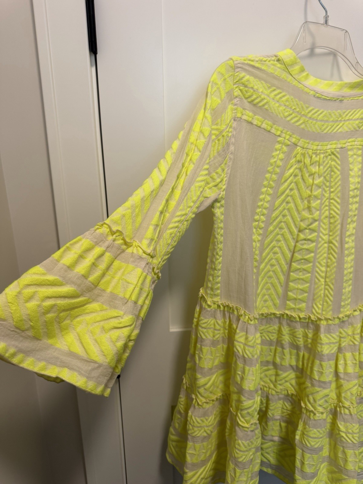 Devotion XS Twins Ella Neon Yellow Flared-Sleeve Tiered A-Line Mini Dress