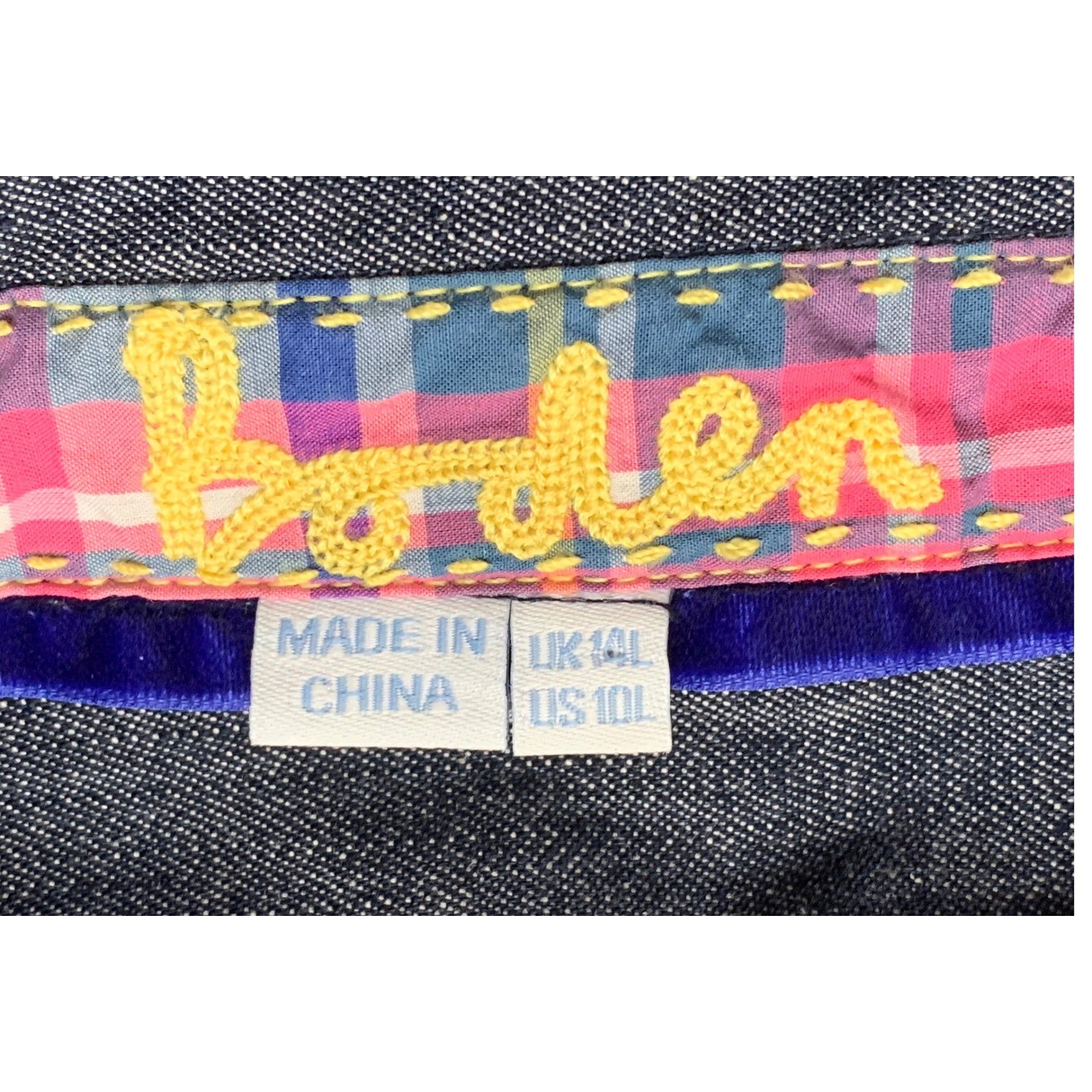 Boden Denim Shirt Dress Dark Wash Button Front Plaid Trim WH894 US 10L UK 14L