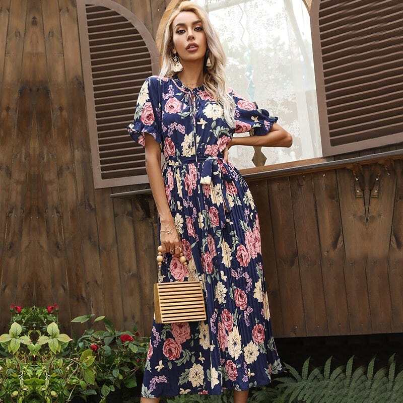 Ruffle Neck Pleated Dress