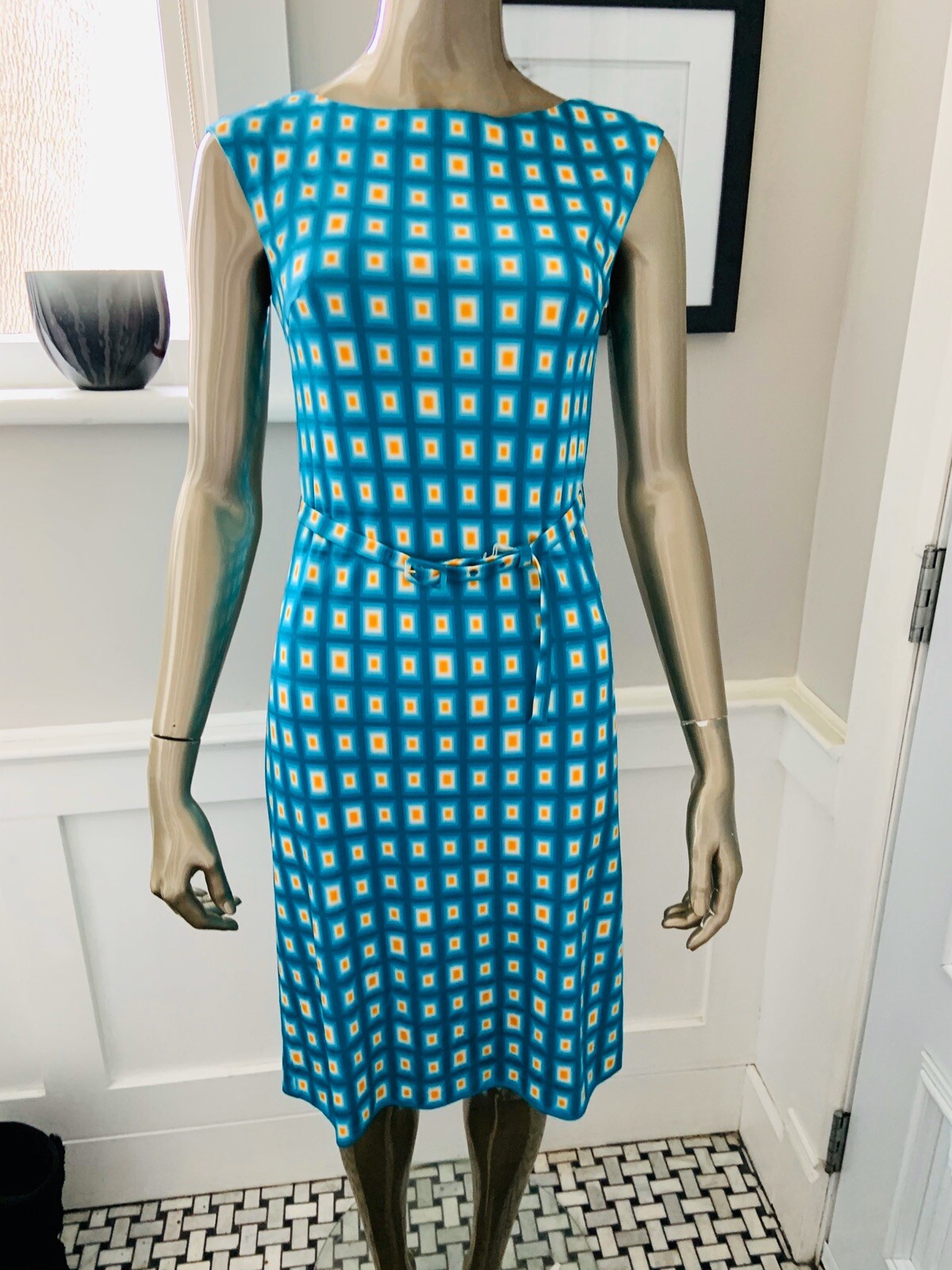 PRADA TURQUOISE YELLOW GEOMETRIC SLEEVELESS SILK DRESS LOGO 40/S CHEST 32 INCHES