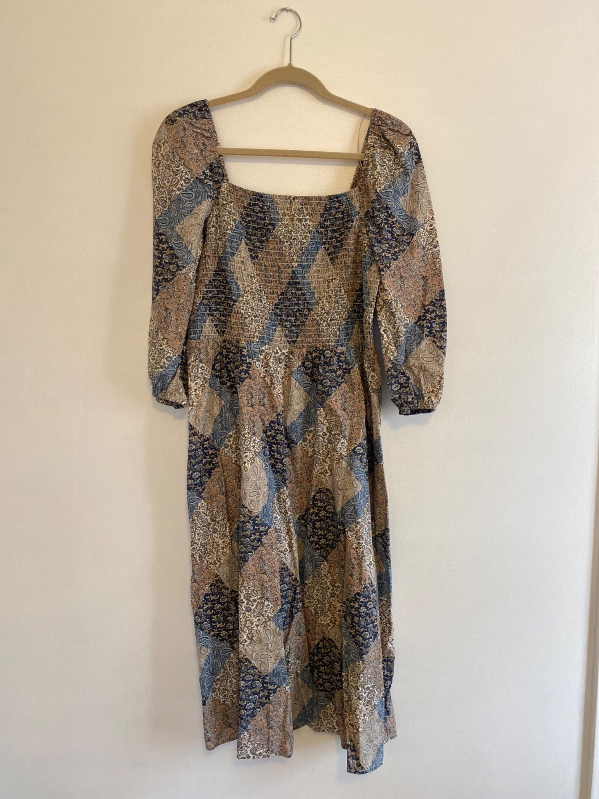 Time And Tru Women’s L 12-14 Patchwork Print Smocked Midi Dress Rayon/Cotton