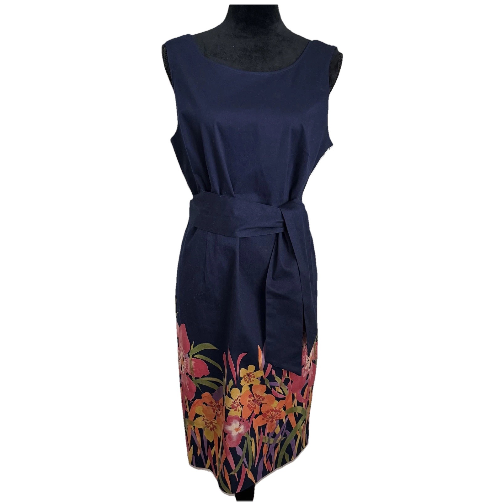 Adrianna Papell Dress Womens 14 Floral Sheath Belted Border Print Party Event