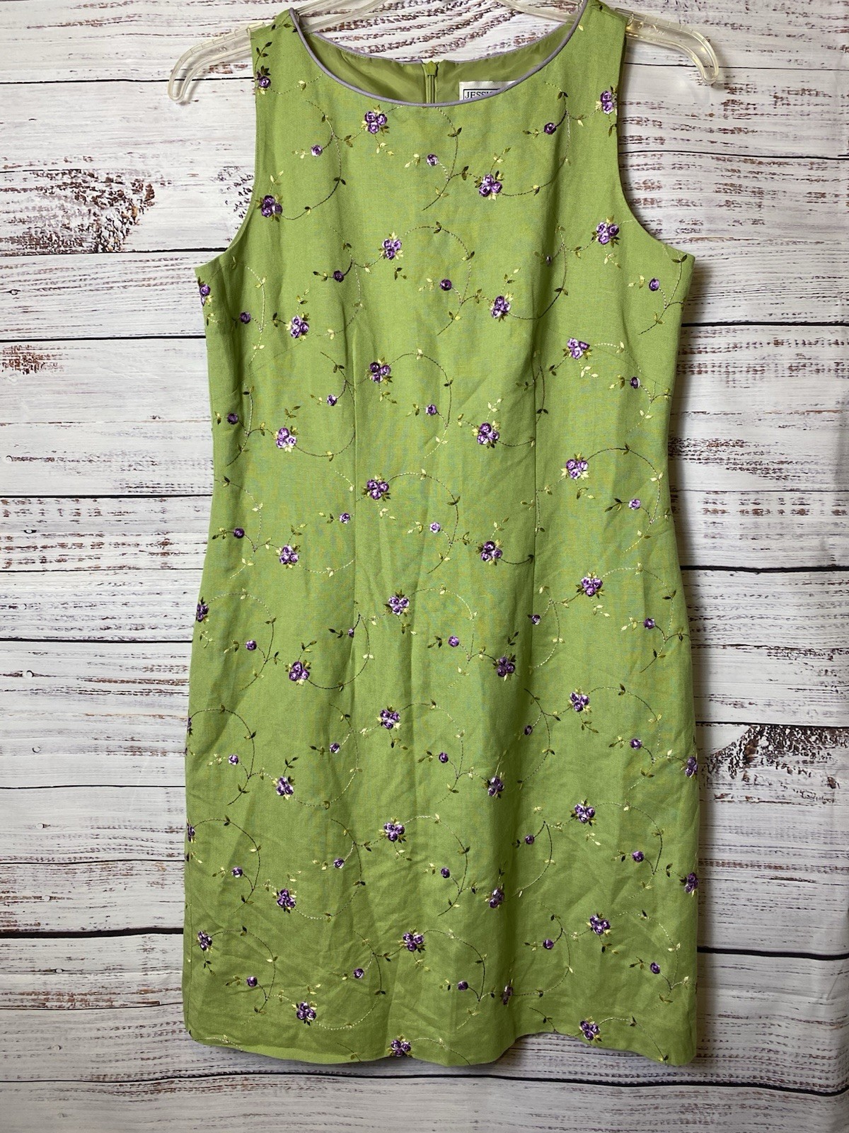 Jessica Howard Shift Dress 10 Green Purple Floral Embroidered Lined Zip Knee